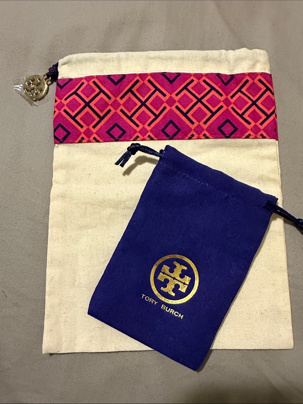 Tory Burch Cream Dust Bag with Pink Geometric Trim and Navy Suede Logo Pouch set